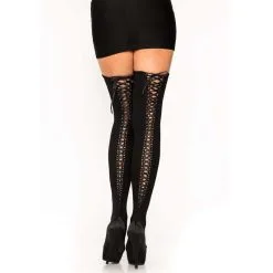 Opaque Thigh Highs W/ Eyelet Trim & Satin Lace Up Back